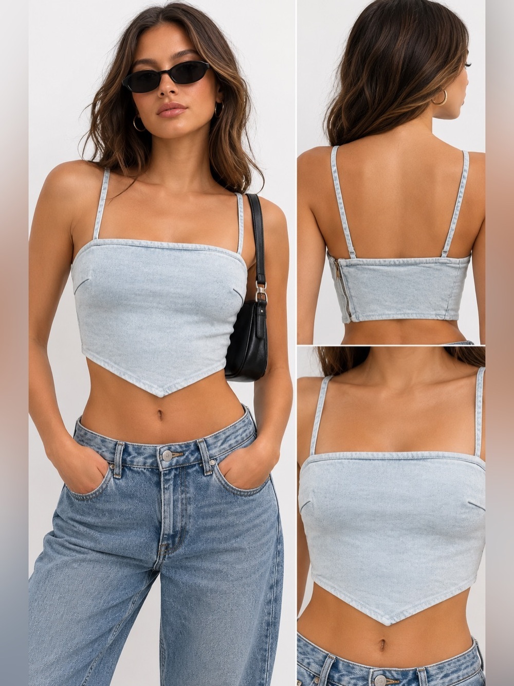 Zara Light Wash Denim Pointed Hem Crop Top Cami Side Zip Size S